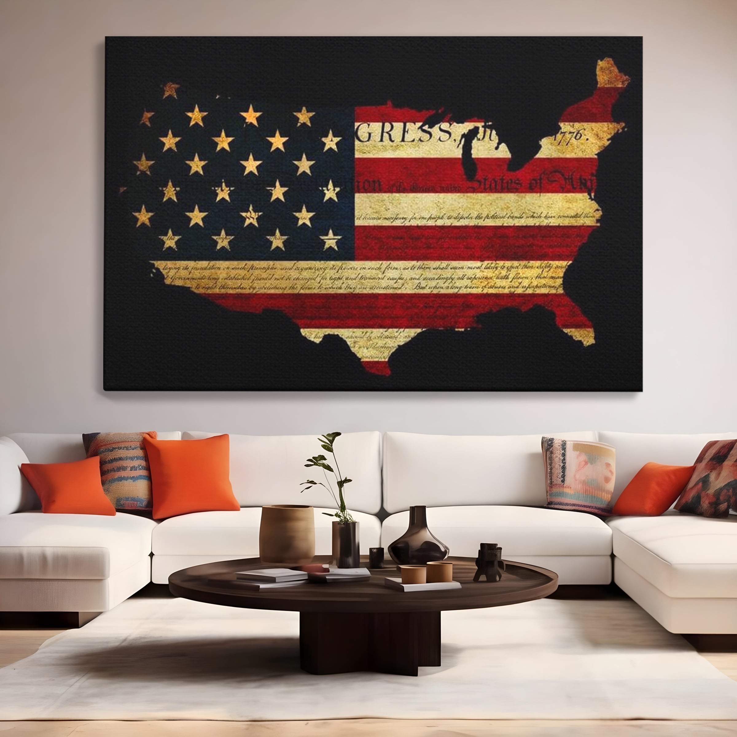 Tablou canvas cu tablou canvas cu harta statelor unite si steagul american, fara rama, pe sasiu de lemn, pe perete intr-un living